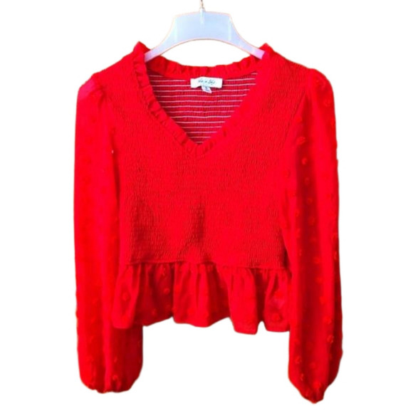 She + Sky Tops - She + Sky Red Stretch Crop Top Semi Sheer Puff Sleeves w/ Popcorn Bumps Size S